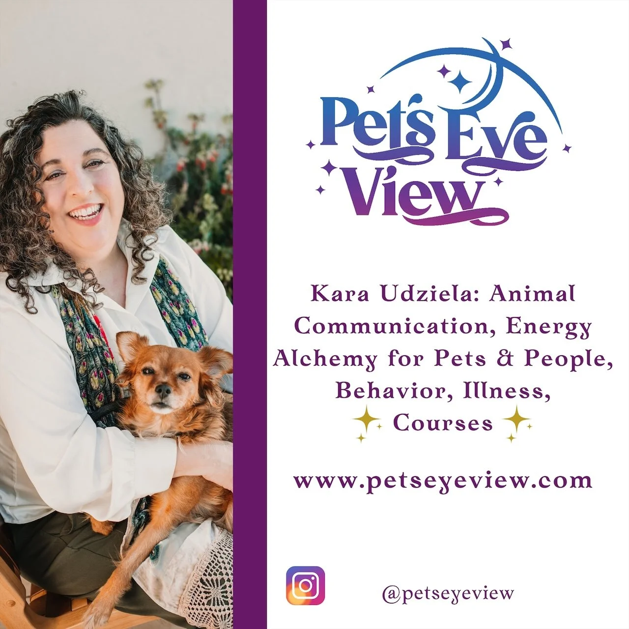 A woman with curly hair smiling while holding a small brown dog, sitting outdoors with a blurred background of greenery and flowers. The image is part of a promotional flyer for Pets Eye View.