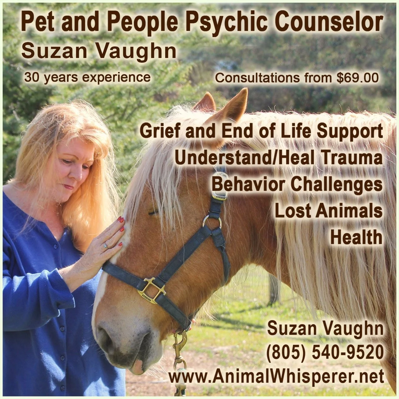 A woman petting a horse with text overlay advertising a pet and people psychic counselor named Suzan Vaughn, offering support and consultations. The background shows greenery and the woman is wearing a blue shirt.
