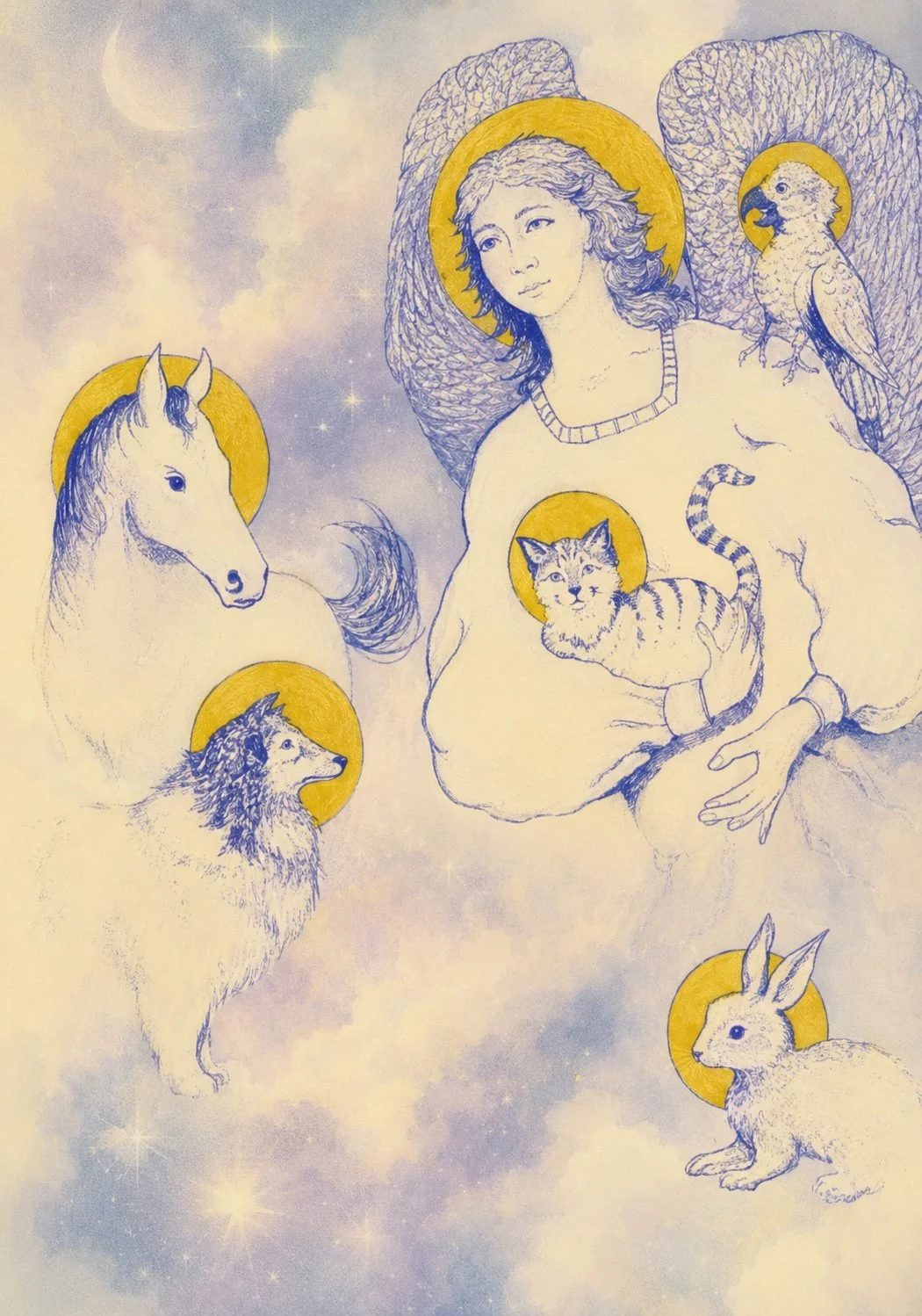 A stylized illustration of a woman with wings, surrounded by a horse, a cat, a lion, a rabbit, a parrot, and a tiger, all with golden halos, set against a starry, pastel-colored sky.