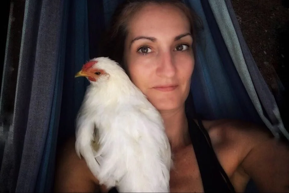A woman lying in a hammock, holding a white chicken close to her face.
