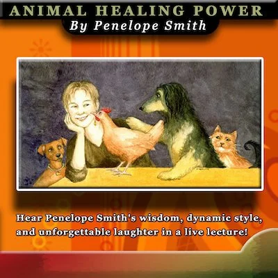 Illustration with a woman and various animals, including a chicken, dog, and cat, promoting a lecture by Penelope Smith on animal healing power.