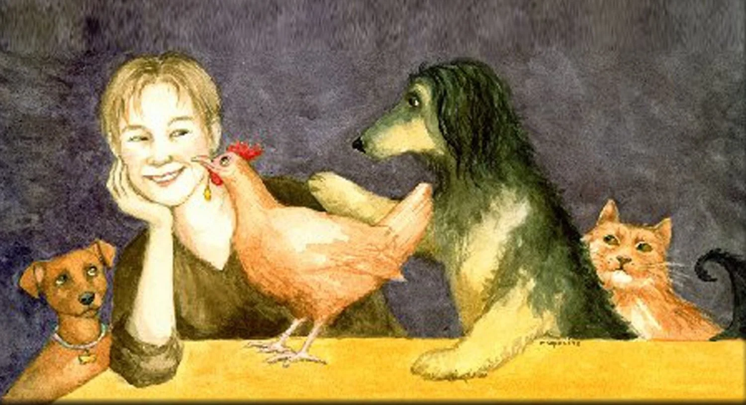 A woman with short blond hair is smiling and resting her chin on her hand, surrounded by animals including a dog, a chicken, a dog, and a cat, all illustrated in a cartoon style against a dark background.