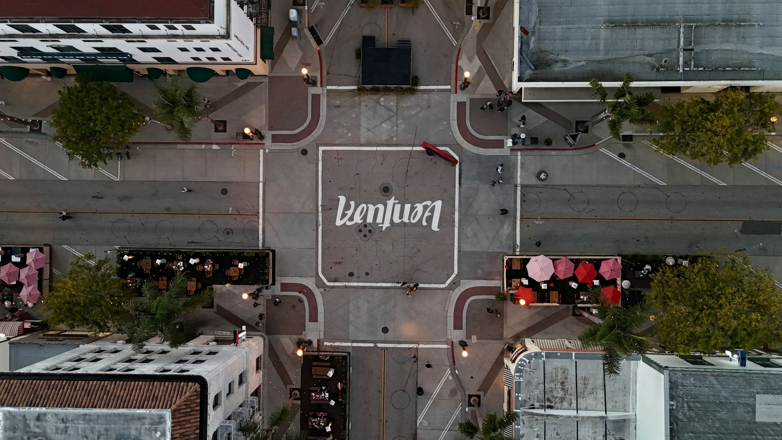 Aerial view of downtown Ventura commercial storefronts in Ventura County, California