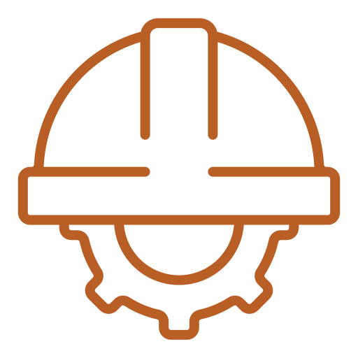 A line drawing of a construction worker's hard hat combined with a gear, representing construction or engineering work.