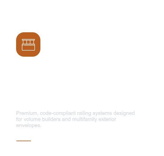 Product label for Glass & Aluminum Railings, showing an icon of a railing, with description of premium, code-compliant railing systems for volume builders and multifamily exterior envelopes, and a prompt to view technical specs.