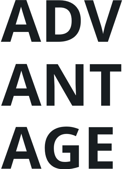 The word 'ADVANTAGE' displayed vertically in large, black capital letters.