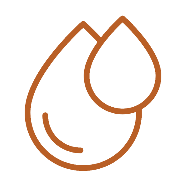 Stylized icon of a droplet of oil or liquid with a smaller droplet on top.