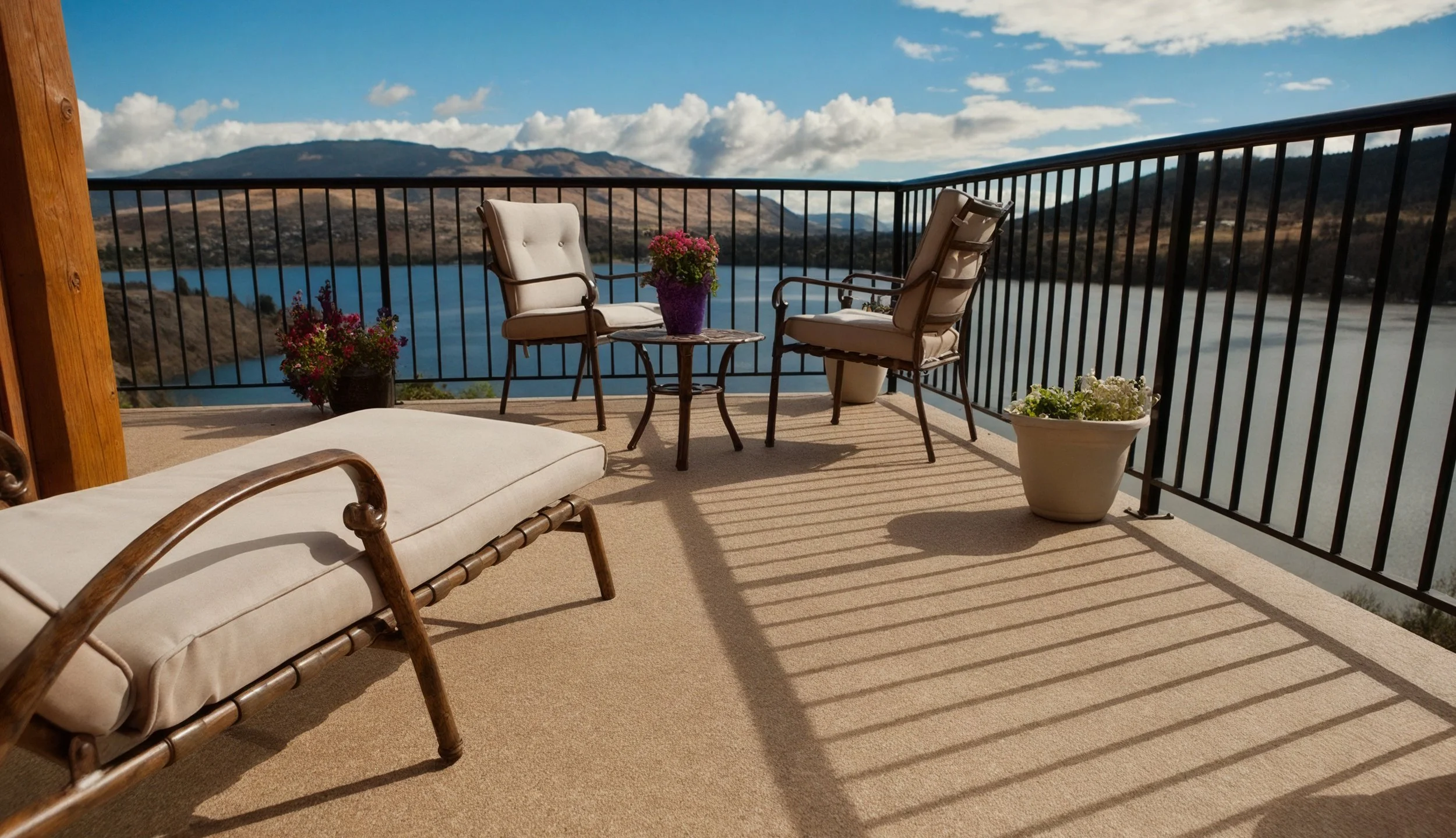 A balcony with outdoor furniture including a lounge chair, two cushioned chairs, and a small table with potted plants, overlooking a body of water and mountains under a partly cloudy sky.