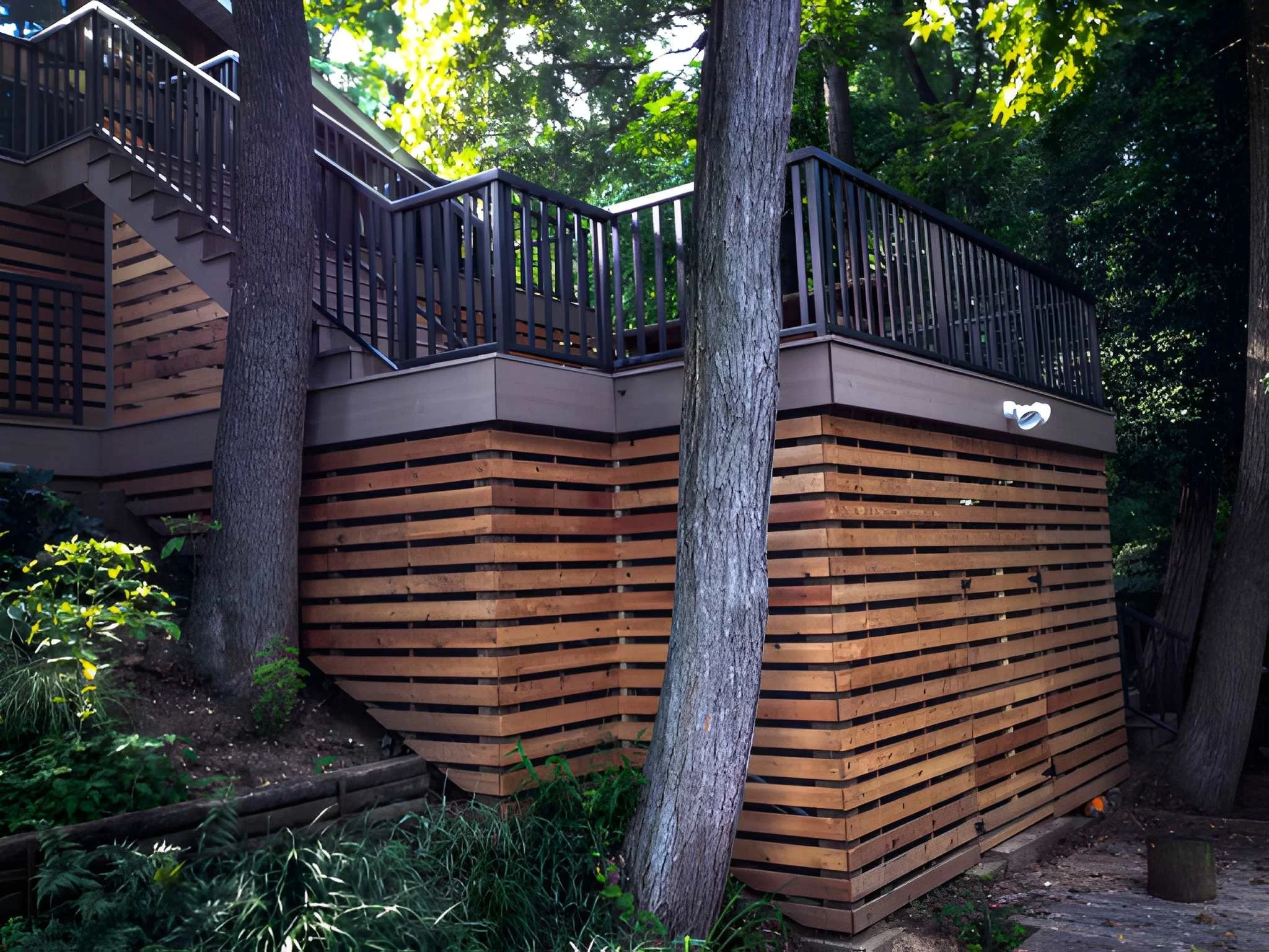 Deck with black railing around trees and wooden slat sides in a wooded area