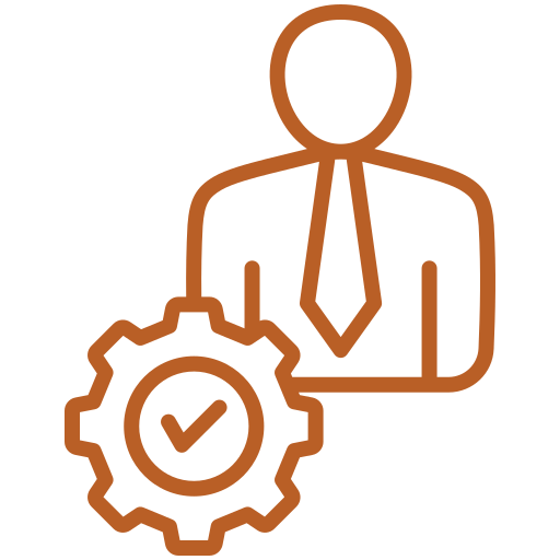 Outline of a person in a suit with a tie, next to a gear with a checkmark inside.
