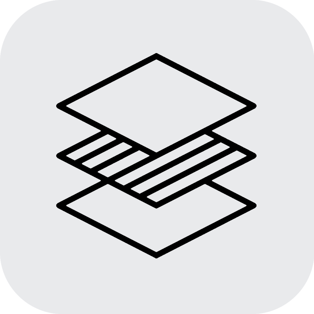 Illustration of layered sheets or panels, depicted in black lines and arranged in a stacked manner with some transparency.