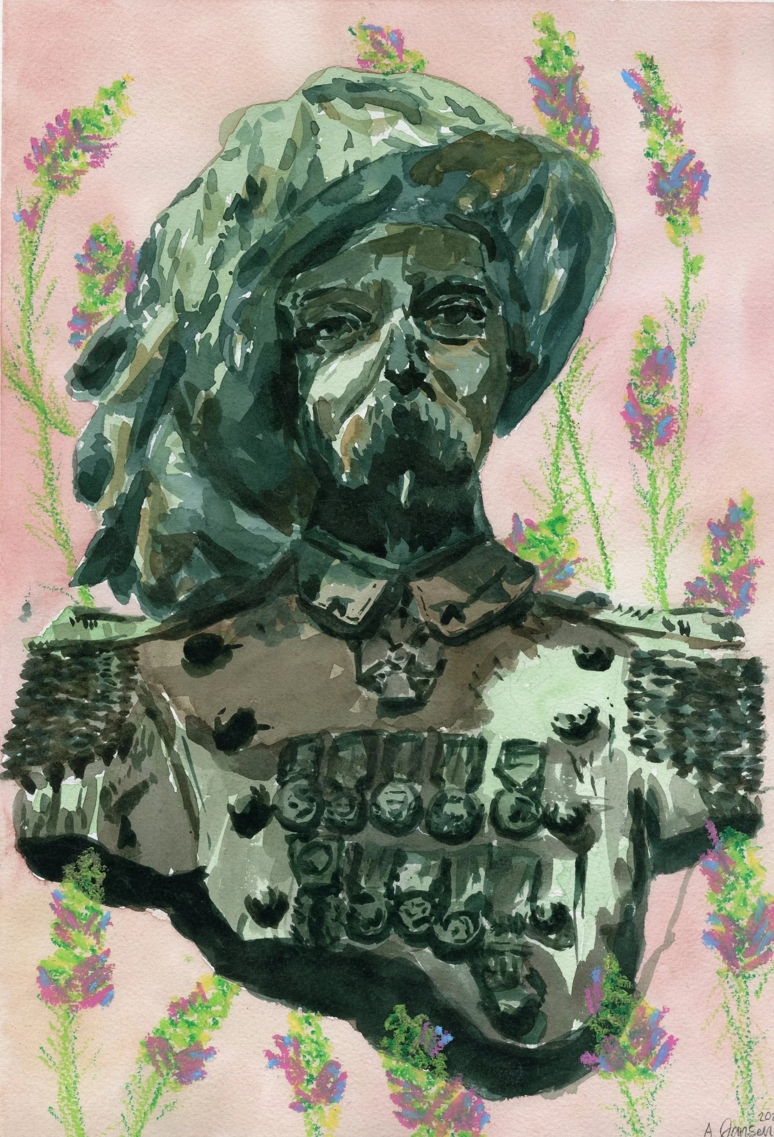 Plein air Bust from San Miniato, 18x24", Watercolor & oil pastel