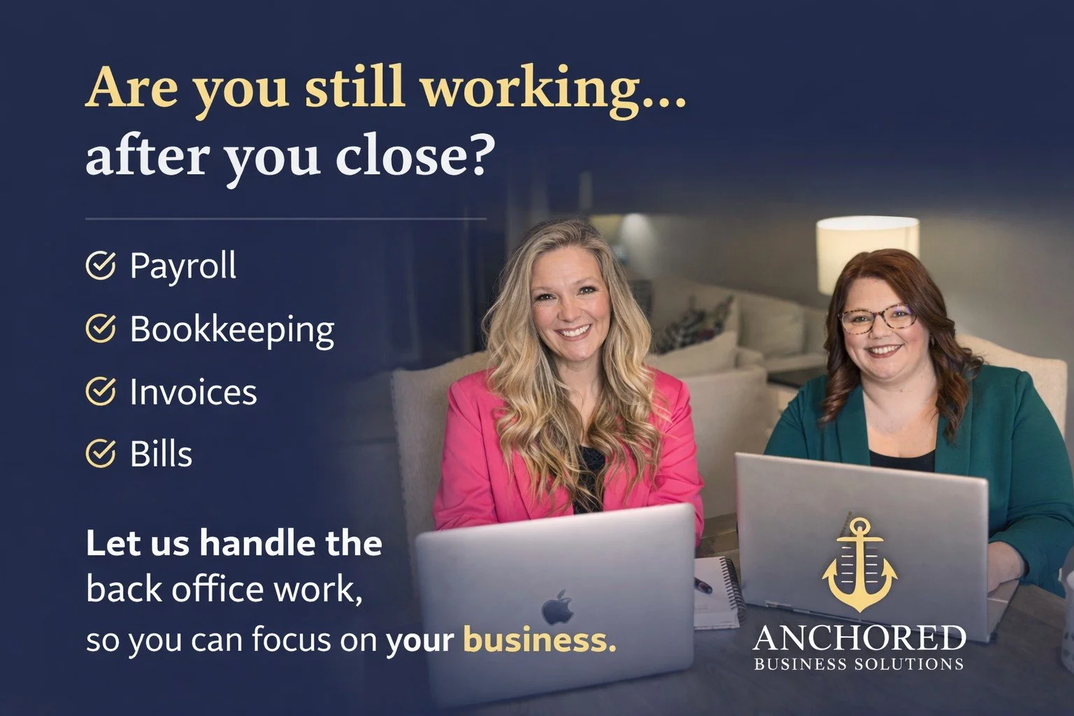 Are You Doing This After Hours?
Are you still working&hellip; after you close?

Not on your business &mdash;
but on payroll, bookkeeping, invoices, and bills?

Most small business owners spend hours every week doing back-office work after hours just 