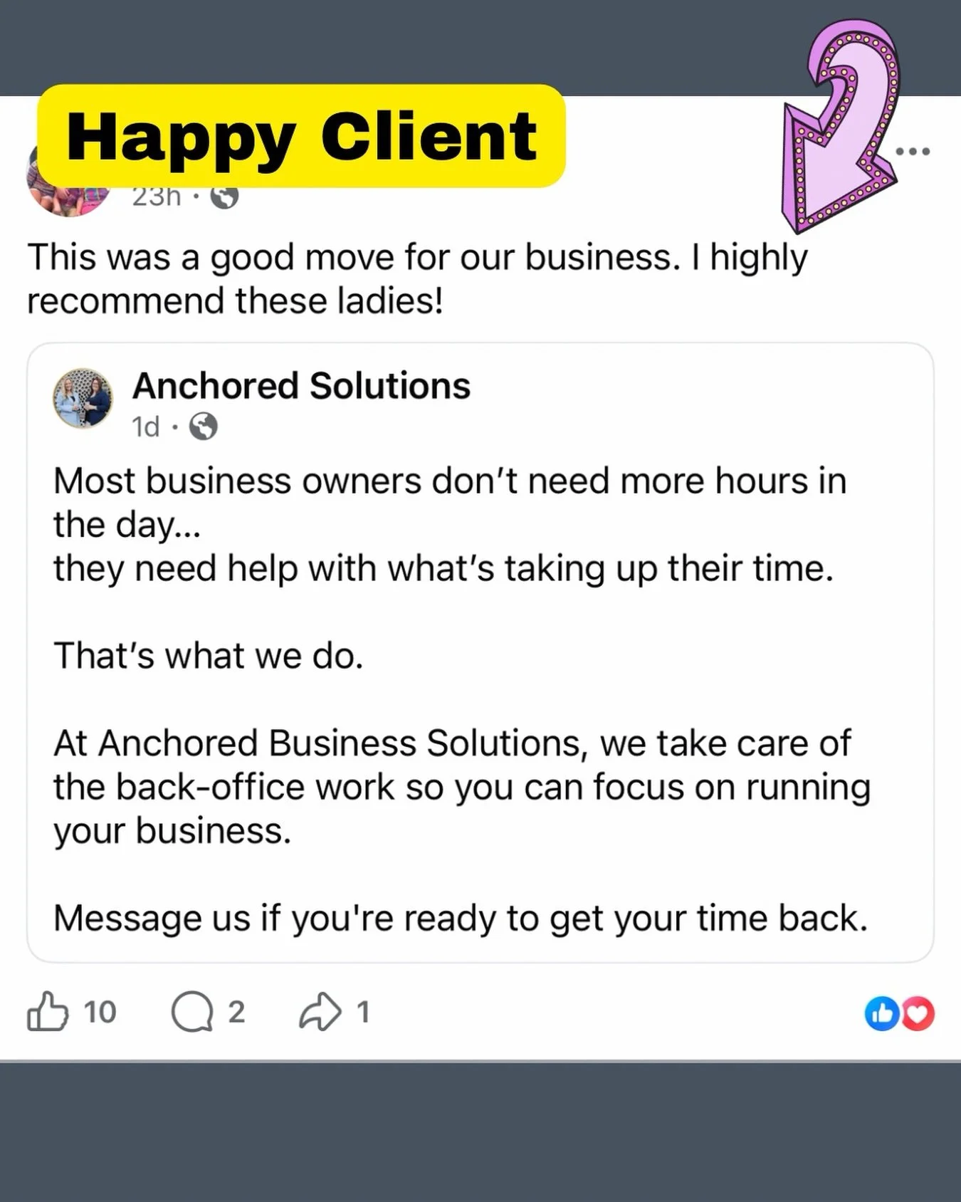 We LOVE having happy clients!!! We work hard so you don&rsquo;t have to! Business owners should be able to spend their time in their business and growing it! Not doing the little things that take up so much time!! Text us today for a FREE consult and