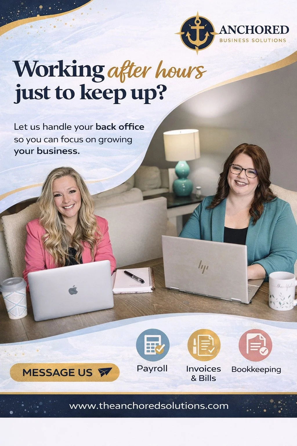 Working after hours just to keep up?

Payroll.
Bookkeeping.
Invoices.
Decisions.

It adds up&hellip; fast.

At Anchored Business Solutions, we handle the back office AND help you make smarter business decisions through consulting.

More time.
Less st