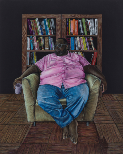 Painting and/or drawing of a man looking to his right and sitting on a single person sofa. The ground is a parquet wood tile floor, the wall is graphite colored, and there is a wood bookshelf full of books.