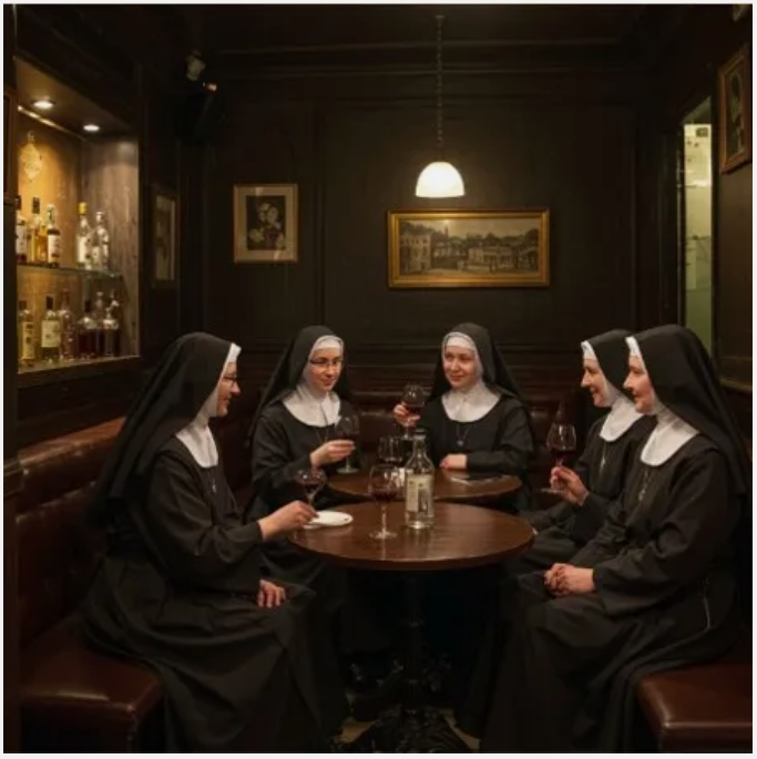 Five nuns in a dark-themed bar, sitting around a table with glasses of red wine, engaged in conversation.