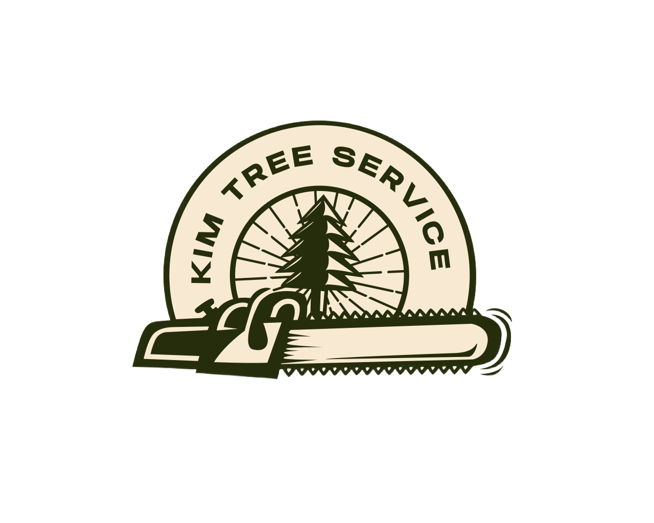 Logo of Kim Tree Service featuring a pine tree, a chainsaw, and the text 'Kim Tree Service'.