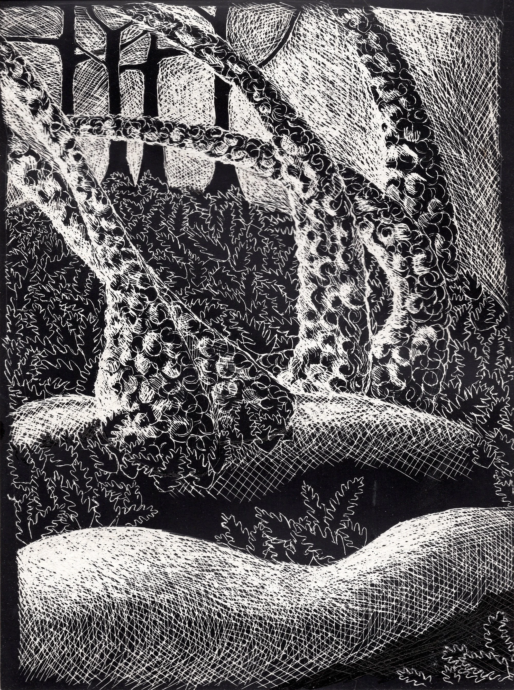 "Forêt, Carnac": scratchboard and ink, 7.5" x 10", 1999 - As a student at Pont Aven School of Contemporary Art (PASCA) in 1999, I spent time exploring the landscape of Carnac, a site known for its neolithic menhirs (standing stones) and rolling woods