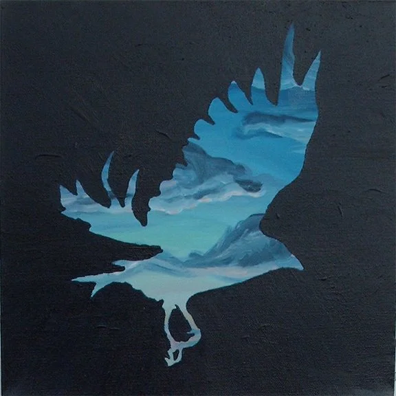 "Crow": 2009, 12" x 16", oil on canvas - Inspired by the dramatic skies and wild birds we saw on our honeymoon in Newfoundland in 2007. The sky was painted first, then blocked out with a handmade stencil and over-painted. Making these paintings felt 