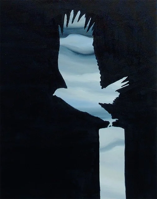 "Hawk": 2009, 12" x 16", oil on canvas - Inspired by the dramatic skies and wild birds we saw on our honeymoon in Newfoundland in 2007. The sky was painted first, then blocked out with a handmade stencil and over-painted. Making these paintings felt 