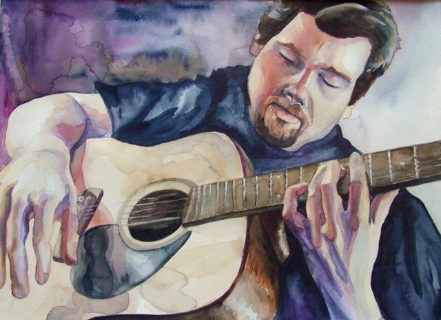 "Brother": Watercolour on 300 lb cold press paper, 16" x 20", early 2000s - 
My brother Tony Wallace is a talented musician and luthier, and has always been a creative sounding board to me. This painting was made as a gift to him.
Private Collection