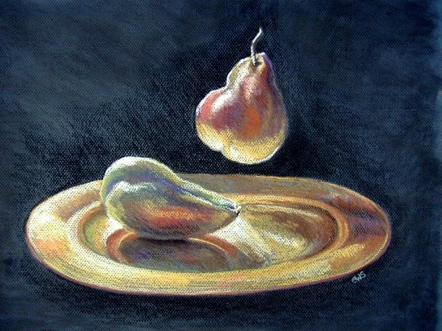 "Gilding the ...": soft pastel on Mi-Teints board, 16" x 20", 2003 - I spent a few years deep in still-life studies, but always with a focus on creating slightly absurdist narratives. This one was a favourite. 
NFS