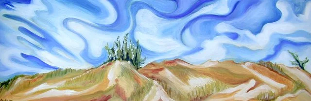 "Raguenez": oil paint on canvas, 12" x 36", 2003 - Inspired by many afternoons spent on Plage de Raguénez (Raguénez beach) in Nevez - Finistère, France. 
NFS