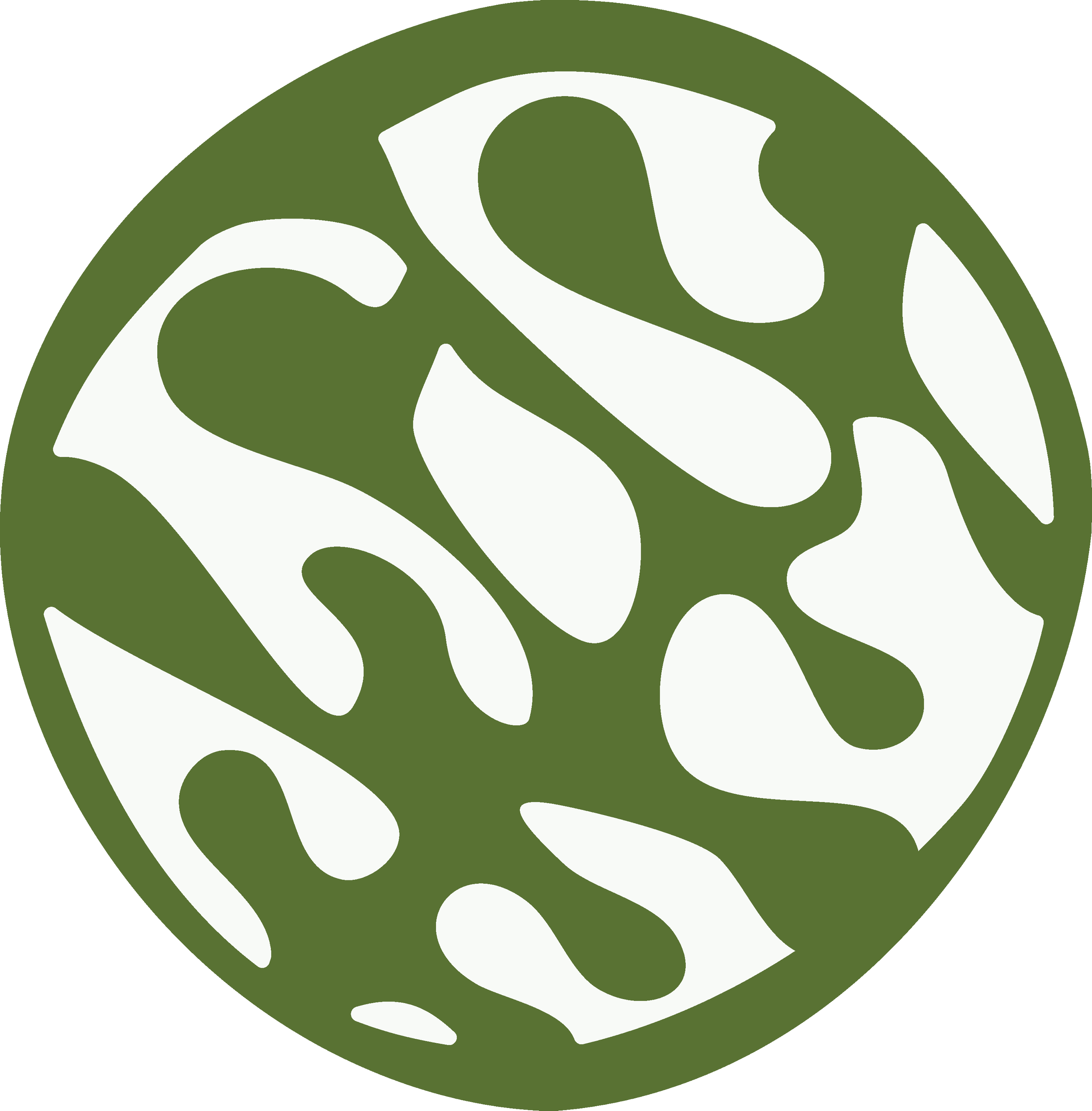 Illustration of a circular, green and white camouflage pattern that resembles an abstract, stylized leaf or natural foliage design.