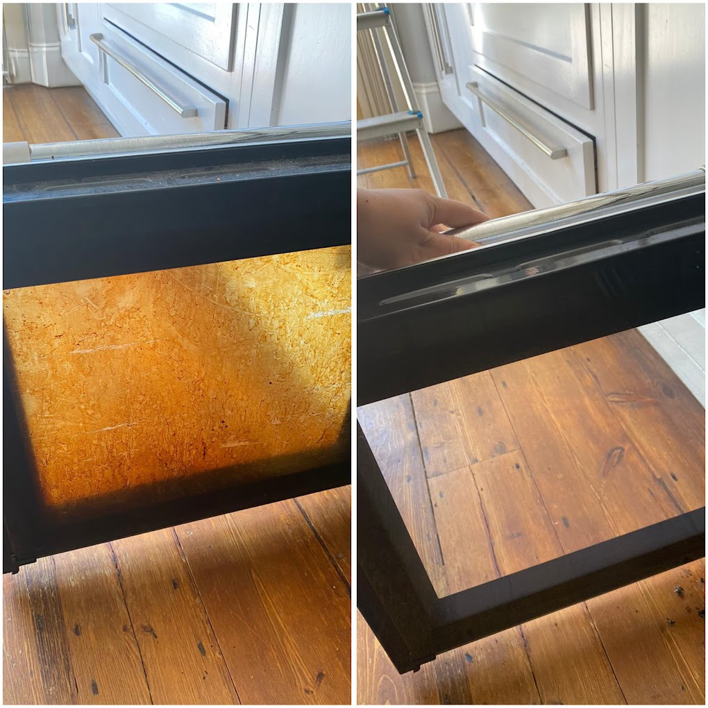 Two side-by-side photos of a black oven with a damaged interior. The left image shows the oven's inside with a yellowed, cracked surface, while the right image shows the oven with the door open, revealing a clean, empty interior.