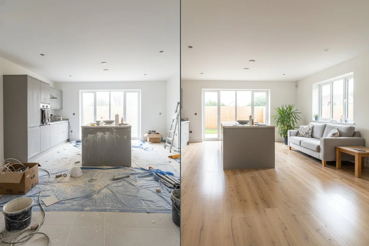 Side-by-side comparison of a living room; the left side shows it under construction with tools and dust, the right side shows it finished with hardwood flooring, furniture, and decorations.