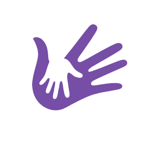 an adult purple hand with a white child hand inside