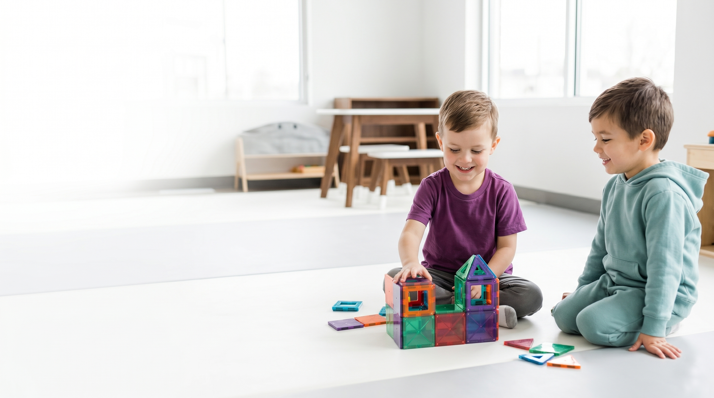 two boys playing with magnatiles