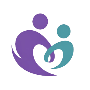 Abstract illustration of two stylized human figures, one larger and purple and one smaller and blue, with flowing shapes and a colorful background.