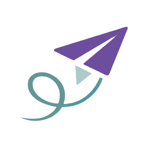a purple paper airplane with a teal trail