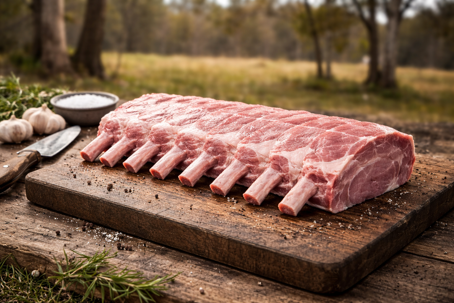 premium succulent pork rack in a beautiful outdoor setting.