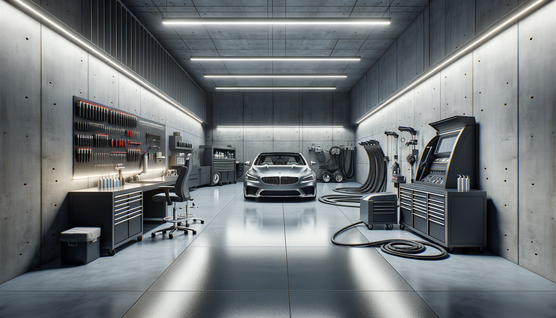 A modern, well-organized garage with a silver car in the center. The garage has workbenches with tools, a tool chest, a pegboard with hanging tools, and various equipment including hoses, a vending machine, and carts along the walls. Concrete walls and ceiling with sleek lighting.