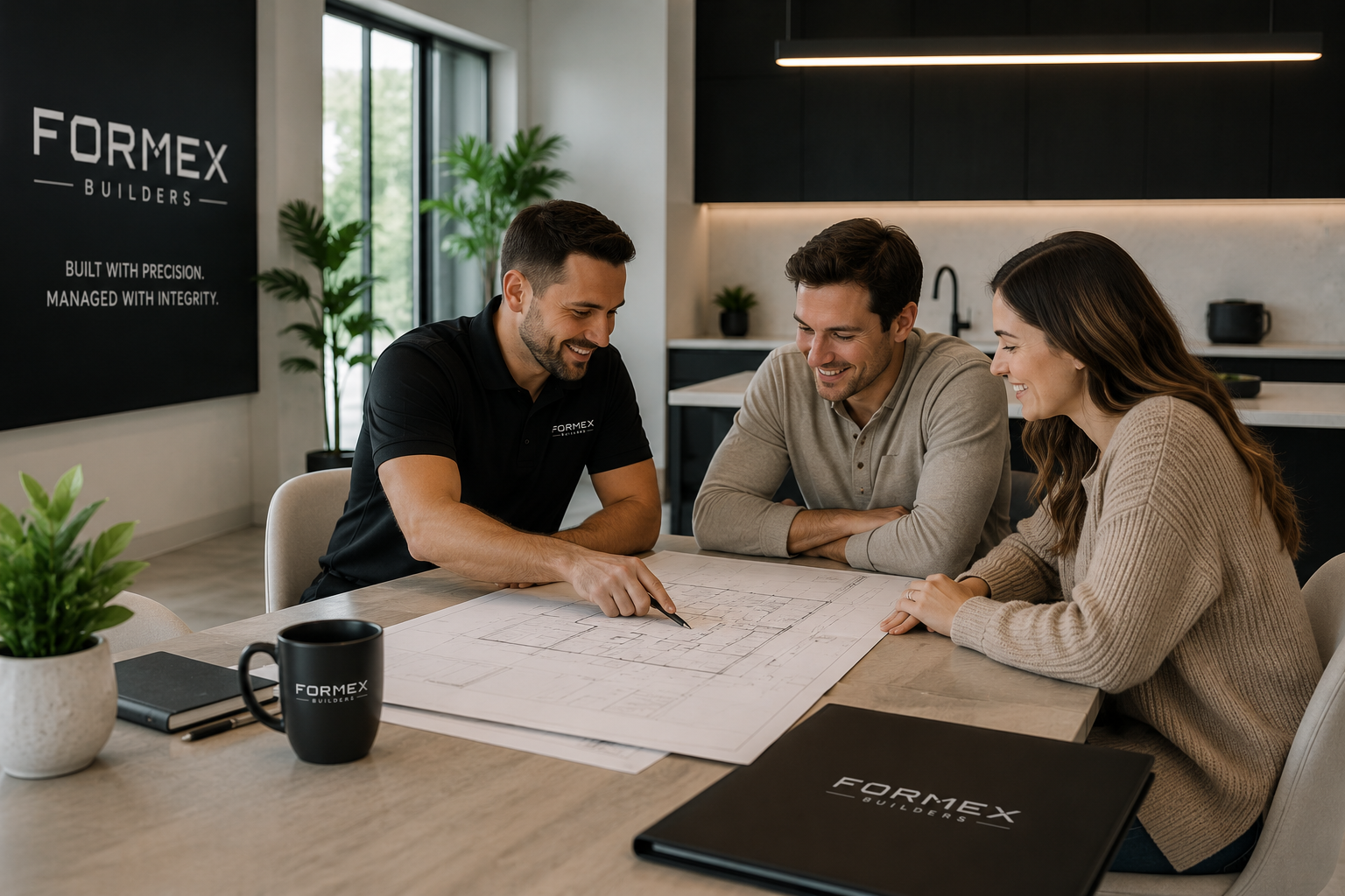 Three people sitting at a table reviewing construction plans, with a man in a black polo shirt pointing at the plans, in a modern meeting room with plants and large windows.