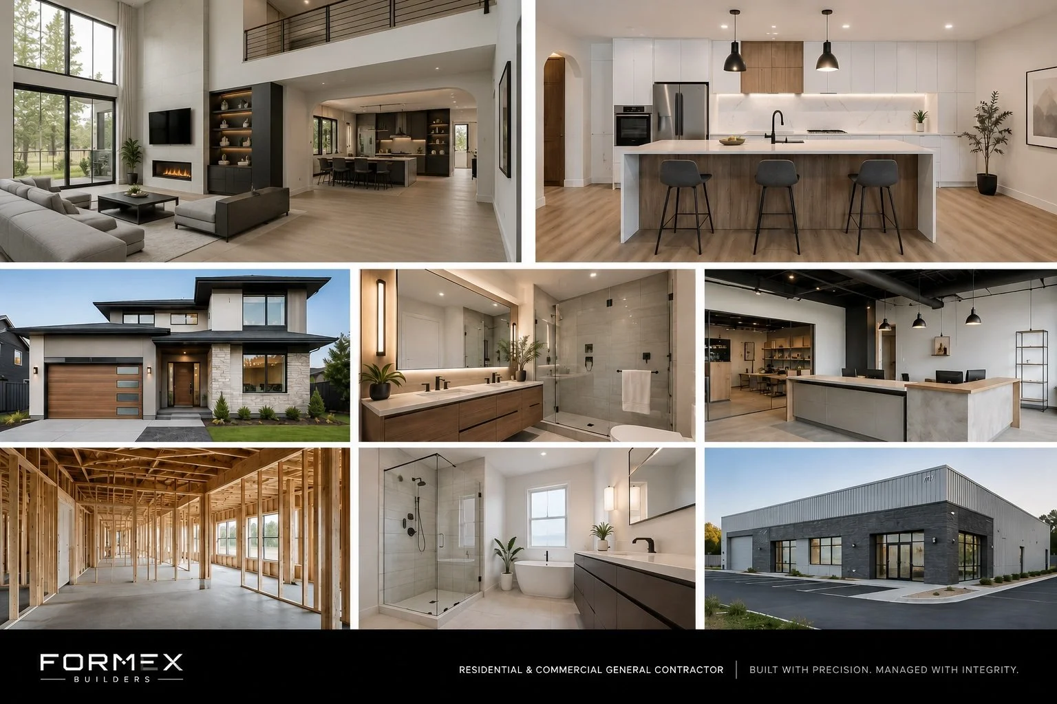 Compilation of images showing a modern residential and commercial building, including interior spaces such as living room, kitchen, bathroom, and office, and exterior views of the house and commercial building.
