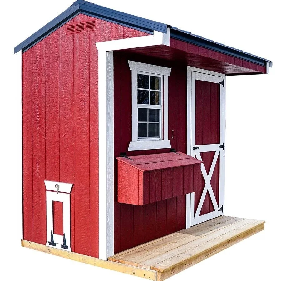 Small red and white wooden playhouse with a porch, window, and barn-style door, on a wooden platform.