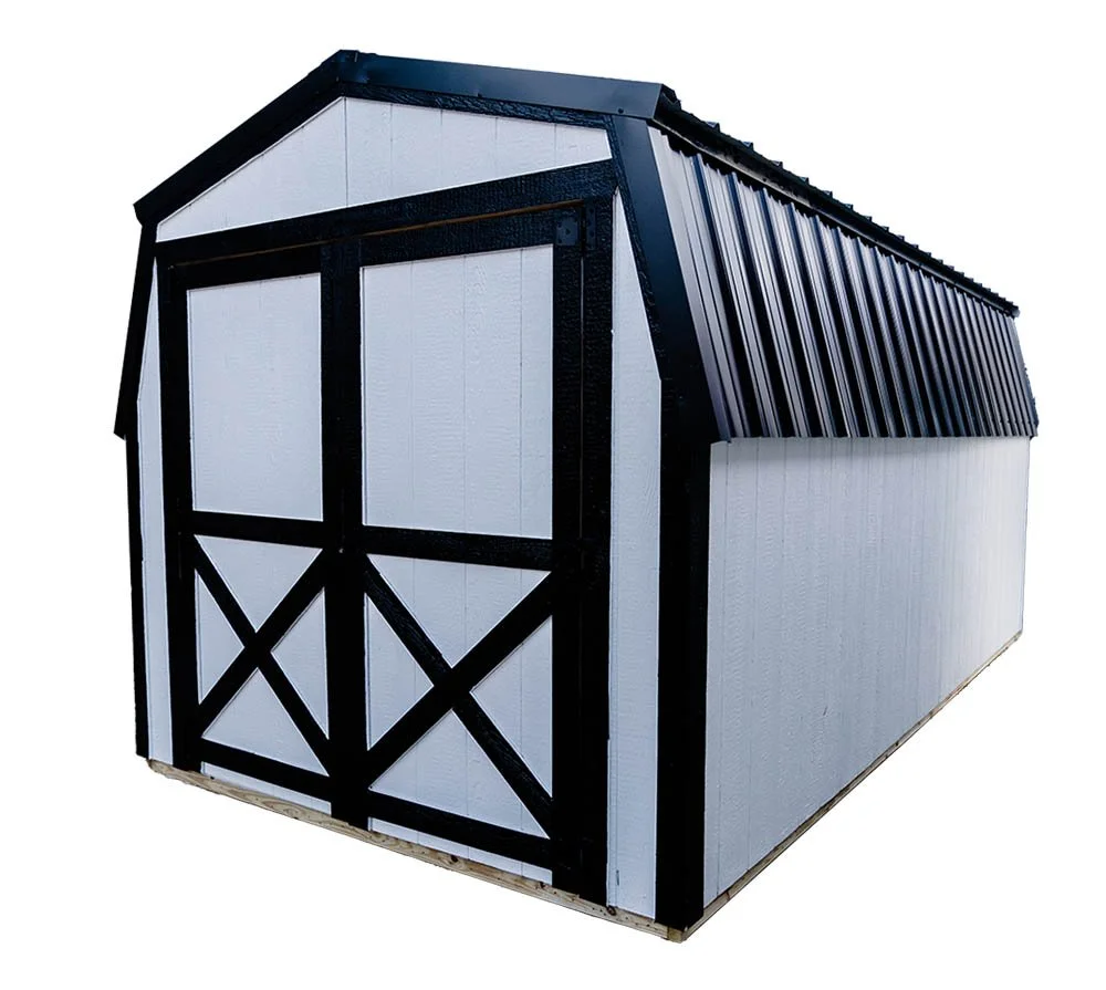 A small, portable storage shed with white walls, black framing, and a black corrugated metal roof.