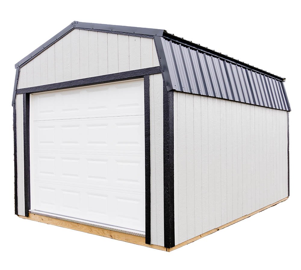A small prefab shed with white walls, black trim, a white garage door, and a black metal roof.