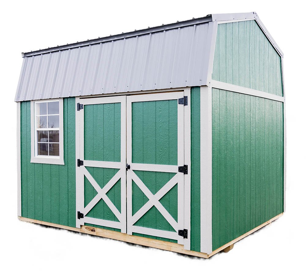 A green and white shed with a metal roof, a window, and double doors with black hinges.