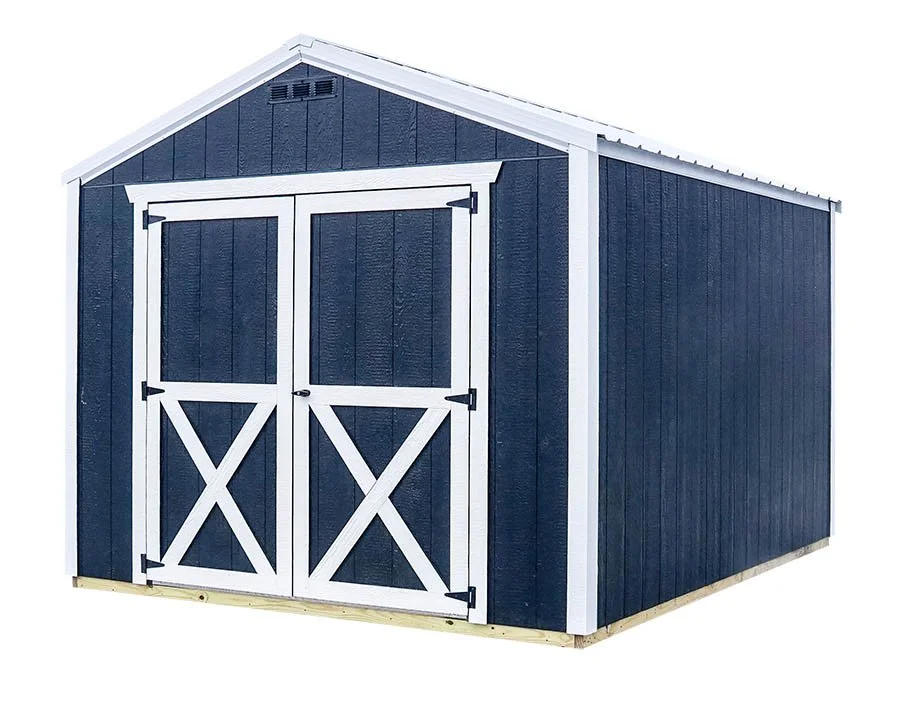 A blue storage shed with white trim and double doors in a backyard or open space.