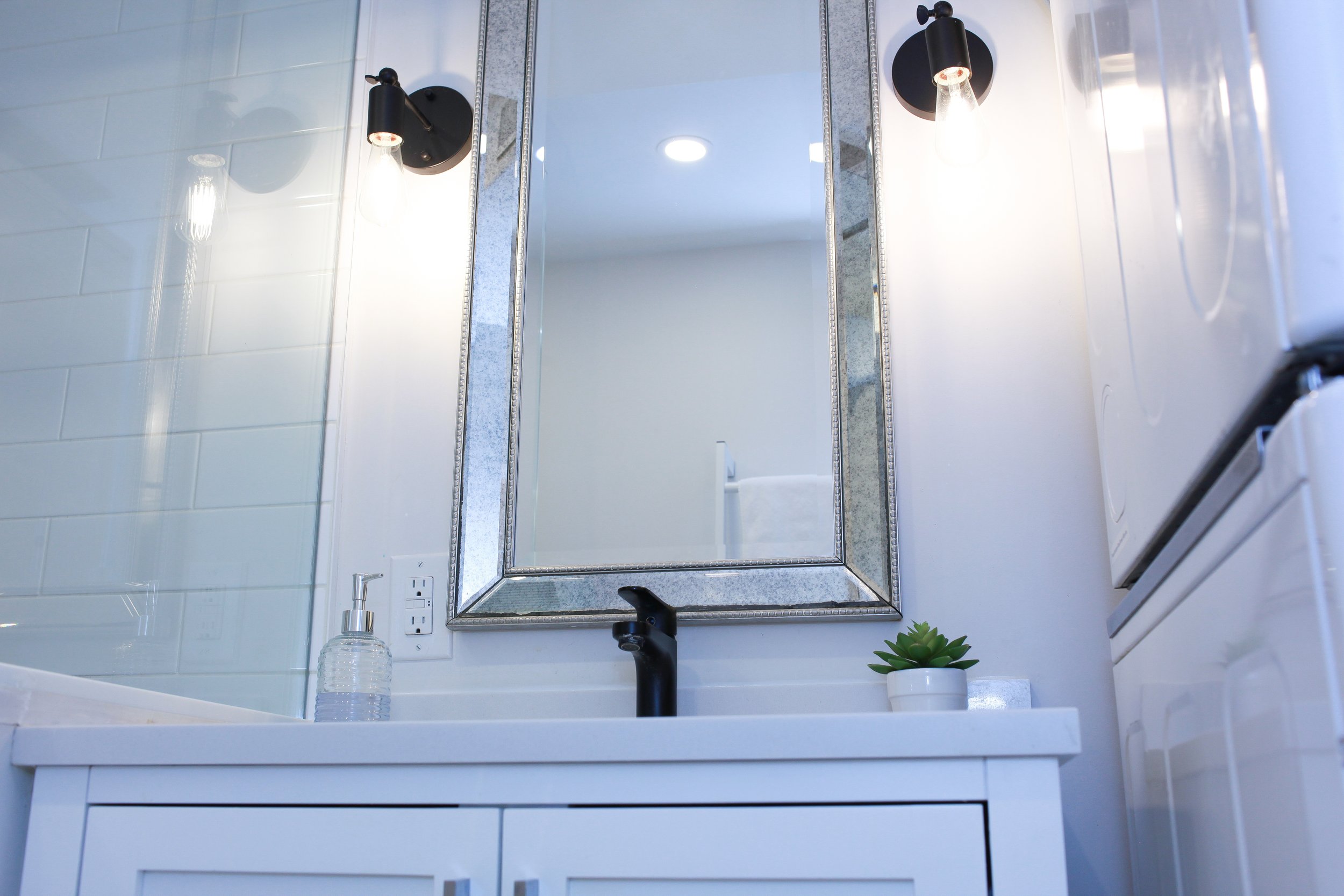 Bathroom with a mirror, black faucet, soap dispenser, potted plant, and white cabinetry.