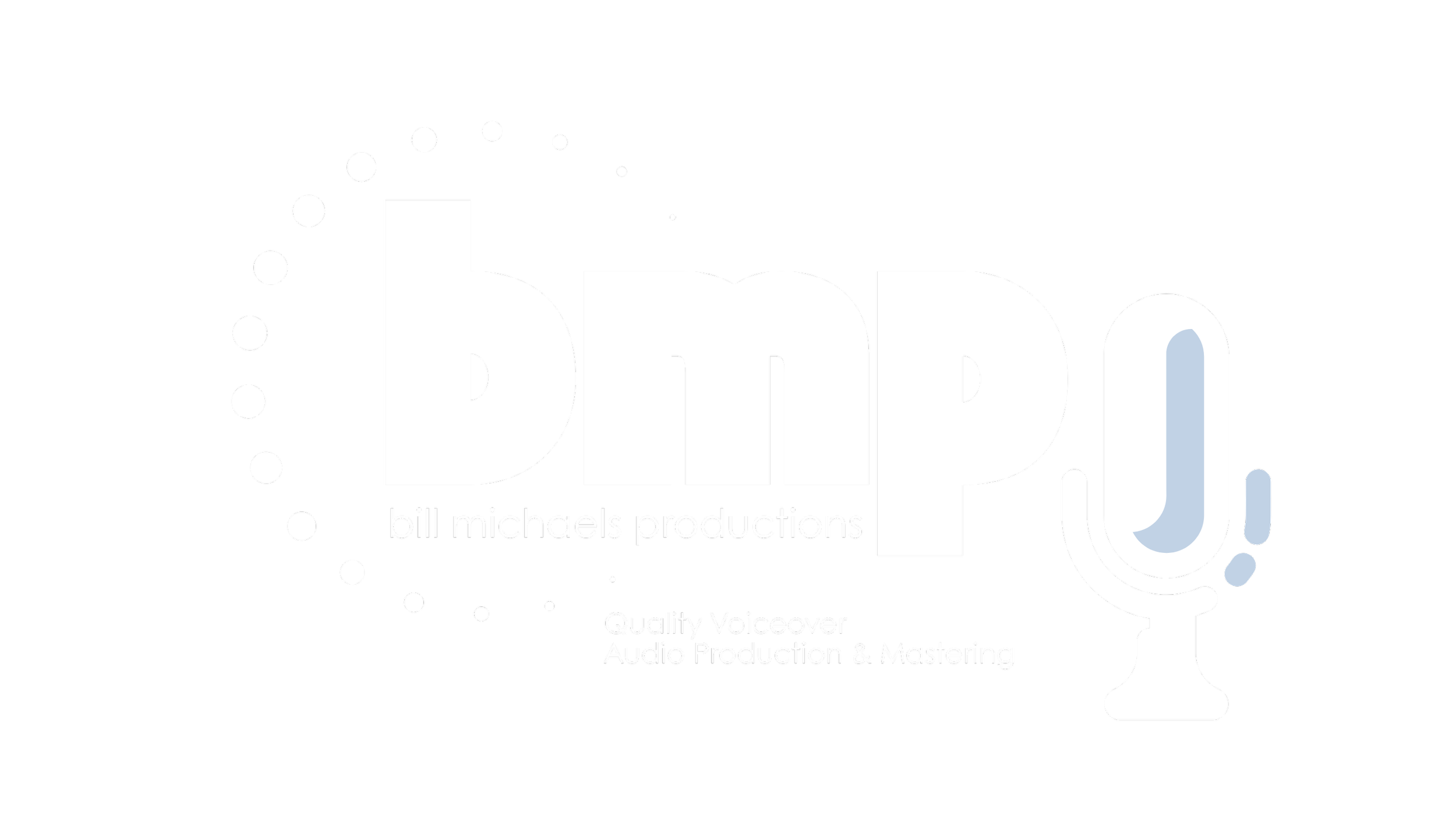 Logo for Bill Michaels Productions featuring the initials 'BMP' in large white letters, a stylized microphone with sound wave elements, and text indicating "Quality Voiceover, Audio Production & Mastering."