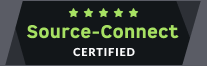 Source-Connect Certified badge with green text and five stars on a dark gray background.