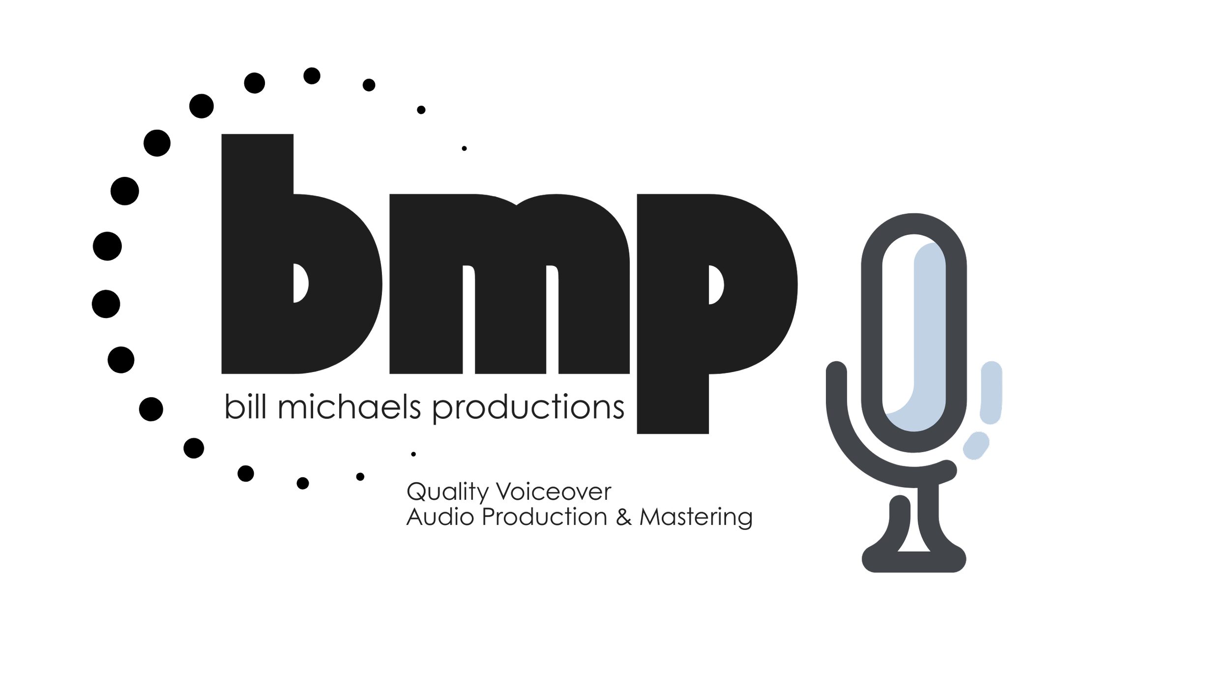 Logo for Bill Michaels Productions featuring the text 'bmp' in large black letters and a stylized microphone icon, with smaller text reading 'bill michaels productions' and 'Quality Voiceover Audio Production & Mastering'.