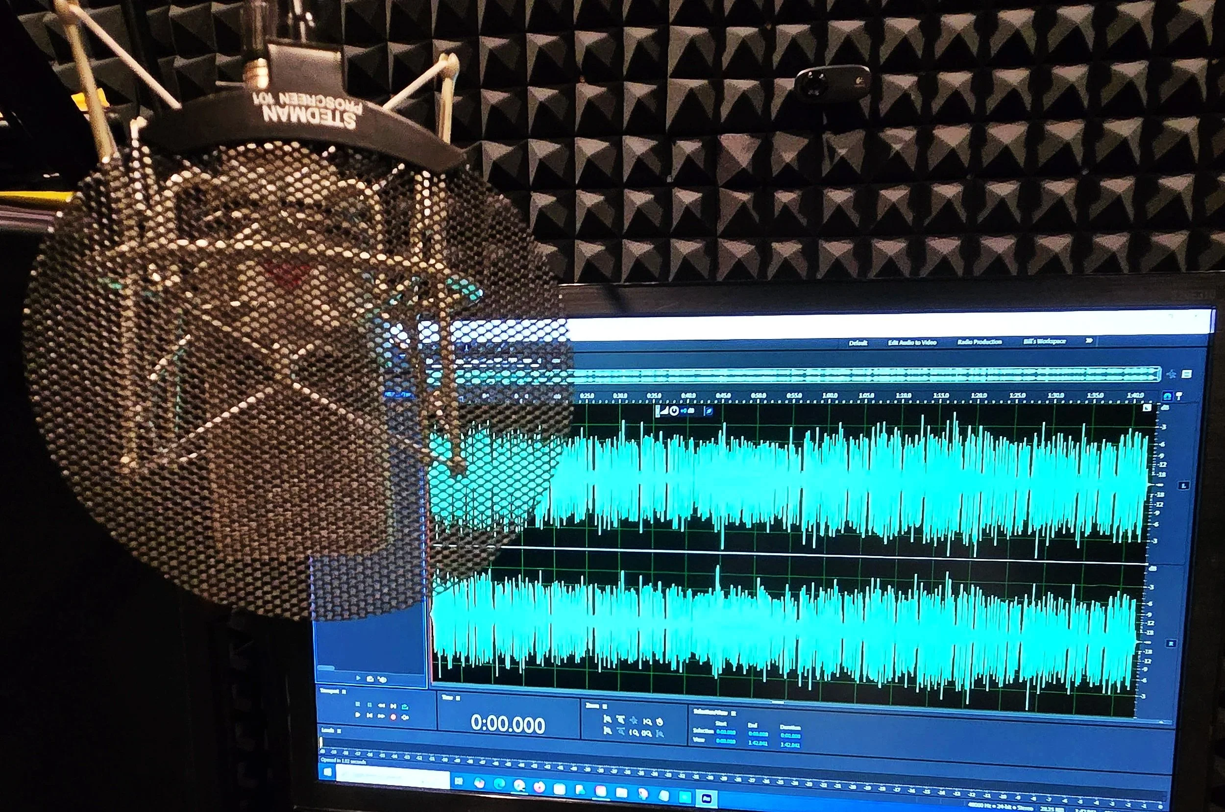Recording studio with a microphone covered by a pop filter in front of a computer screen displaying audio editing software with waveforms.