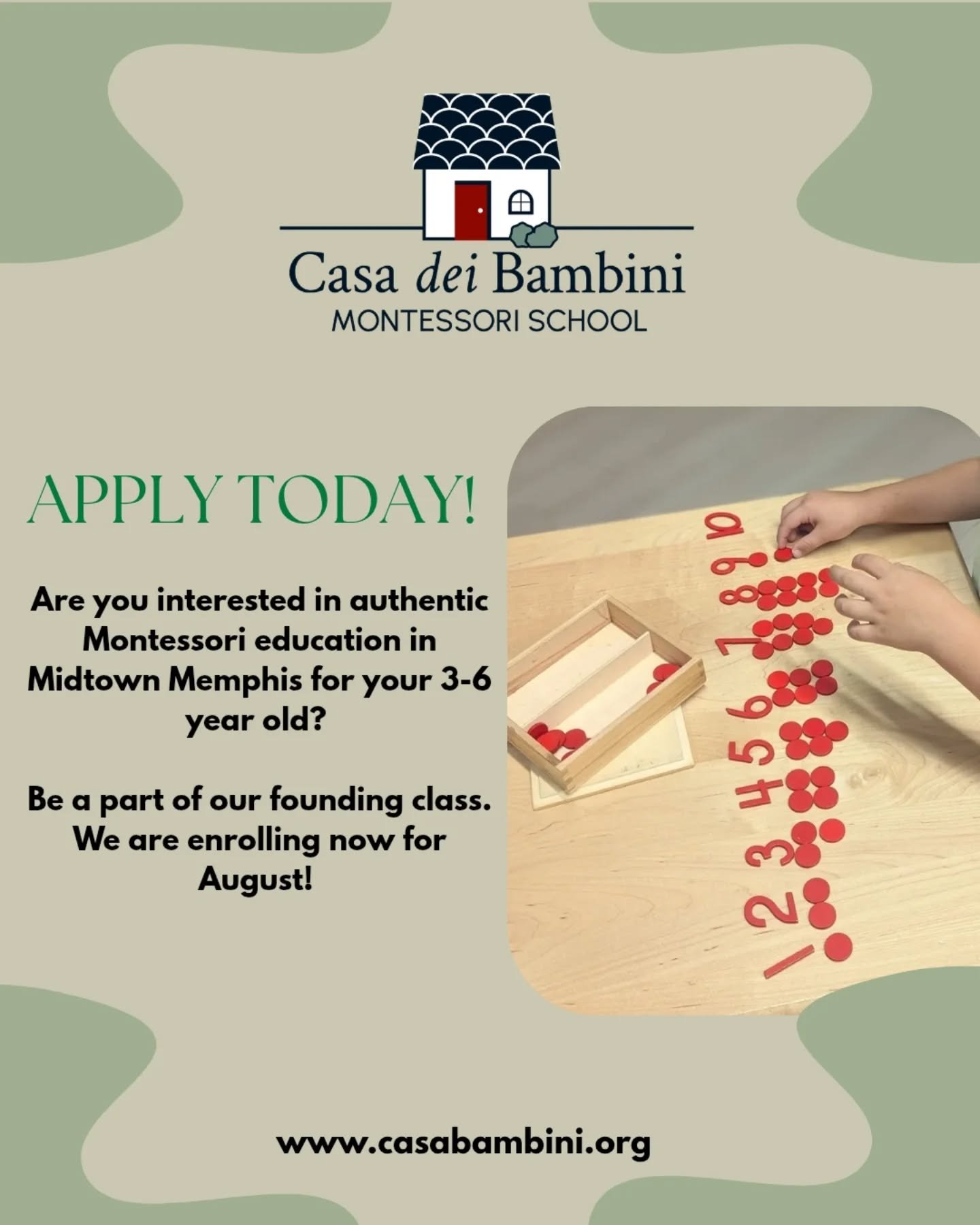✨ Now enrolling at Casa dei Bambini Montessori School✨

Our Primary classroom welcomes children ages 3-6

🌱Nurturing and respectful environment
🌱Supporting the whole child
🌱Child-led learning
🌱Hands-on materials
🌱Mixed-age community

We can't wa